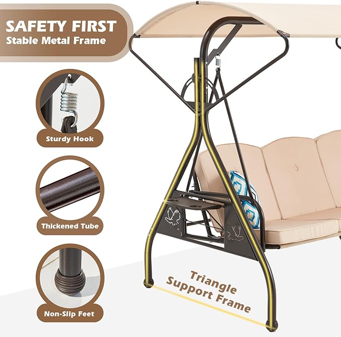 800LBS Patio Swing with Canopy 3 Seat Outdoor Porch Swing with Stand w/Cup Holder & Pillow Glider Chair Swing Bed for Patio Backyard Poolside (Khaki)