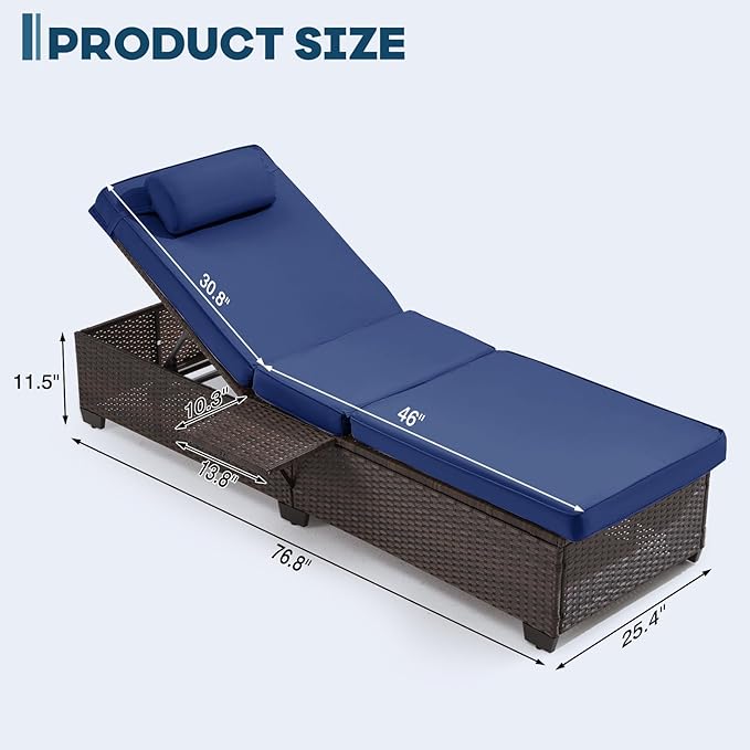 Outdoor Lounge Chairs, Pool Lounge Chairs Set of 2, Outdoor Chaise Lounge with Adjustable Backrest & Cup Holder,Light Navy Blue Cushion