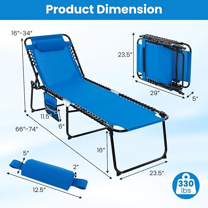 GYMAX Lounge Chairs for Outside, Extra High Folding Beach Tanning Lounger with Adjustable Backrest, Footrest & Removable Pillow, Sunbathing Lounge for Patio, Poolside (2, Navy with Pocket)