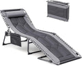Devoko 4-Fold Padded Portable Folding Outdoor Chaise Lounge Heavy Duty Reclining Chair with Pillow & Side Pocket for Patio, Beach, Pool, Camping, Sunbathing (Gray)