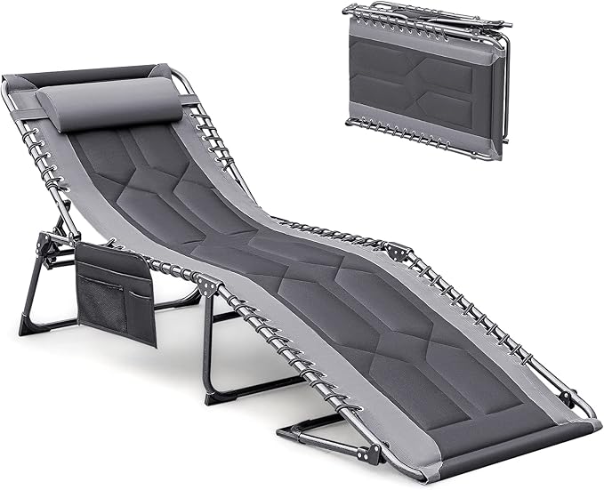 Devoko 4-Fold Padded Portable Folding Outdoor Chaise Lounge Heavy Duty Reclining Chair with Pillow & Side Pocket for Patio, Beach, Pool, Camping, Sunbathing (Gray)