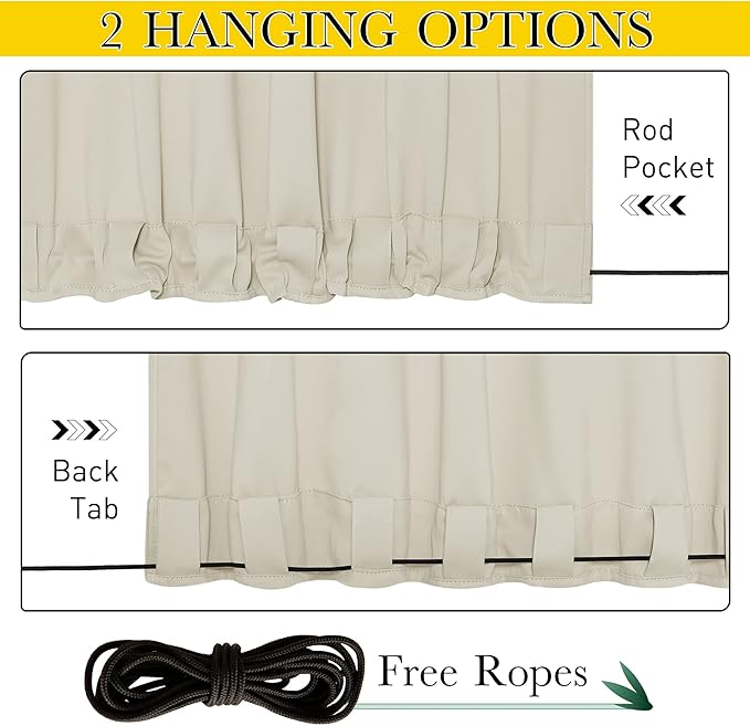 NICETOWN 2 Panels Outdoor Curtains for Patio Waterproof & Windproof, Thermal Insulated Top & Bottom Grommet & Back Tab Sun Blocking Outdoor Drapes with Fixed Rope for Gazebo, Beige, W66 x L90