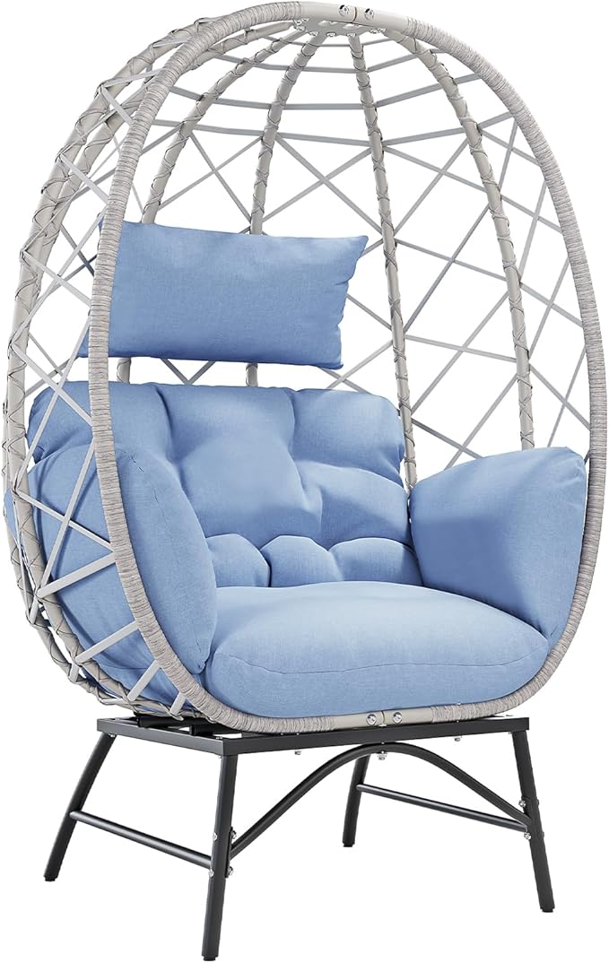 SWITTE Wicker Egg Chair Outdoor, Oversized Patio Lounge Chairs with Cushion for Indoor Living Room, Bedroom, Outside Backyard Balcony-Light Blue