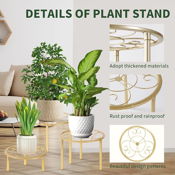 5-piece set of metal plant potted flower racks, heavy-duty flower pot plant racks of different sizes, iron flower racks, suitable for indoor and outdoor home decoration (Black) (5, Gold)