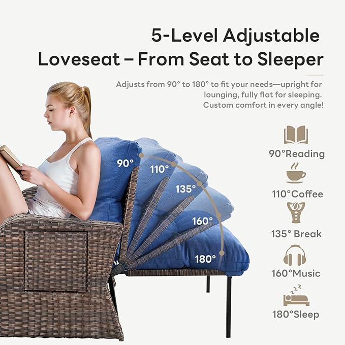 Belord Patio Furniture Set - 6-Piece Wicker Loveseat Outdoor Daybed Furniture Set with Recliner Lounge Chairs Set of 2 and Side Table, All-Weather Outdoor Patio Conversation Set for Deck Pool Backyard
