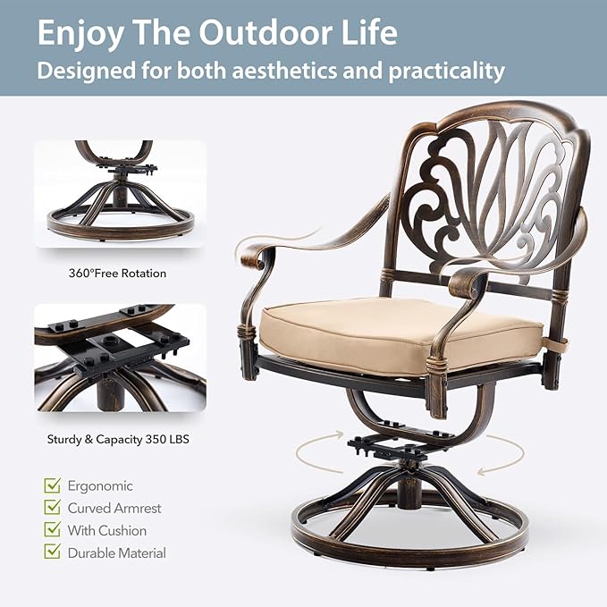 9-Piece Cast Aluminum Patio Furniture, Outdoor Dining Sets for 8 Include 87" Rectangular Patio Dining Table and 8 Swivel Chairs with Cushions & Umbrella Hole(Bronze)