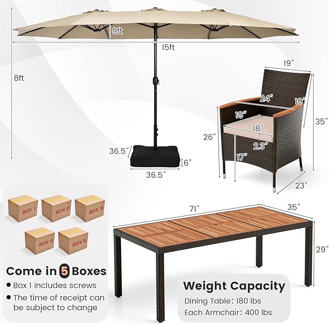 Tangkula 11 Piece Rattan Outdoor Dining Set with 15Ft Patio Umbrella for 8, Outdoor Wicker Table Set with 8 Cushioned Armchairs, Acacia Wood Top, Outdoor Umbrella with Base Included
