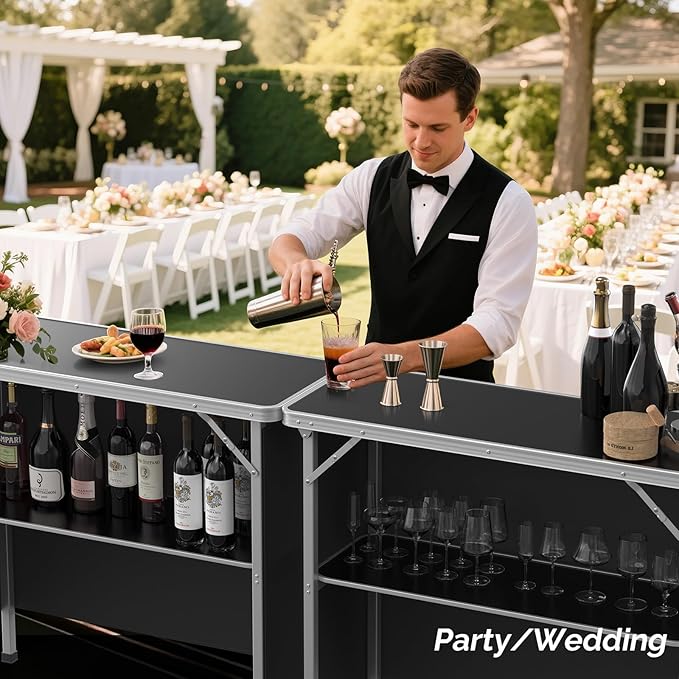 VINGLI Portable Bar Table, 2-Tier Shelves, Mobile Bar Table for Events, Party, Camping, Picnic, Tradeshow, Indoor with Black Skirt, 39 "L x 34" H