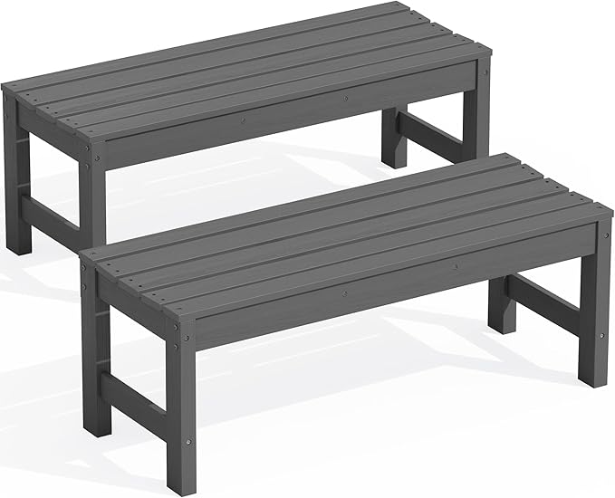 SERWALL 47 Inches Outdoor Bench Set of 2, All Weather HDPE Backless Bench with Wood Grain Texture for Garden Porch and Park, Curved Bench Seat for Comfort, Grey
