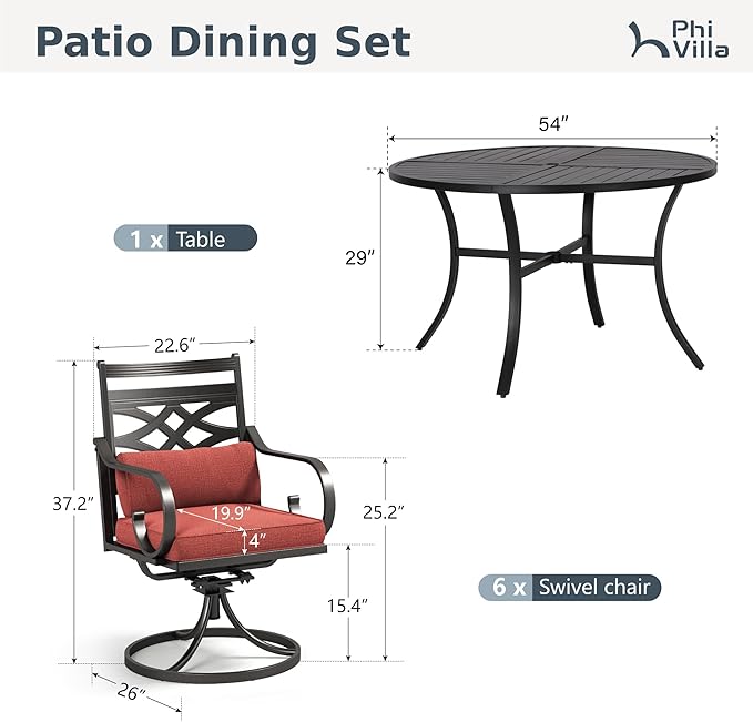 PHI VILLA 7 Pieces Outdoor Dining Set for 6, 54" Round Black Metal Table with Umbrella Hole & Wrought Iron Swivel Chairs, Large Outside Furniture with Red Cushions & Pillows for Patio, Deck, Porch