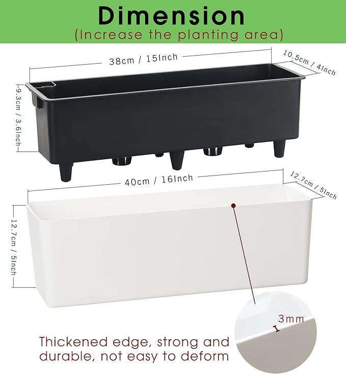GardenBasix Elongated Self Watering Planter Pots Window Box 5.5 x 16 inch Indoor Home Garden Modern Decorative Planter Pot for All House Plants Flowers Herbs (White,1-Pack)