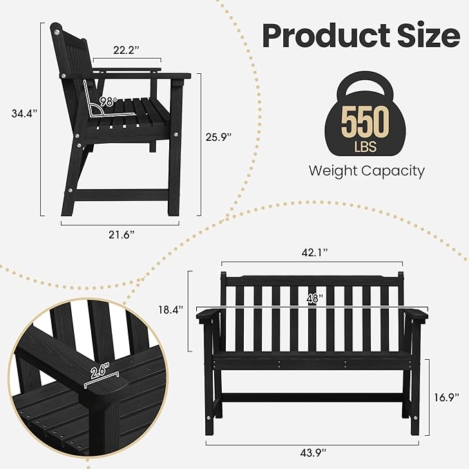 Ciokea 48" Outdoor Bench Set of 2, HDPE Weatherproof Garden Bench, 2-Person Memorial Benches with 550 Lbs, Waterproof Patio Porch Benches for Outside Business Deck Office Backyard Balcony, Black