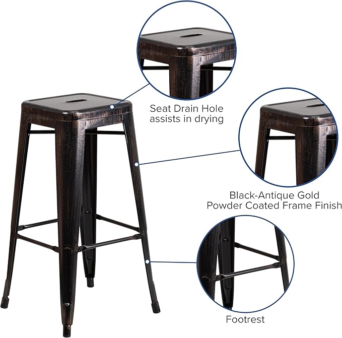 Flash Furniture Lily 4 Pack Commercial Grade 30" High Backless Black-Antique Gold Metal Indoor-Outdoor Barstool with Square Seat