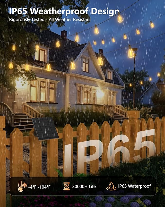 Brightown 151FT Solar String Lights Outdoor Waterproof with Remote, 48+2 LED Shatterproof Bulbs, Dimmable & Timable, 3 Light Modes - Commercial Grade Patio Lights for Garden Backyard Party Decor