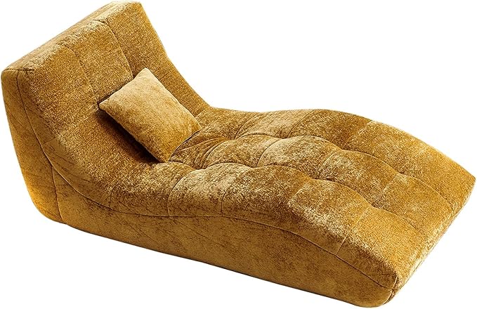 Chaise Lounge Chair with Curved Back, Modern Upholstered Recliner Sofa, Tufted Accent Lounger Comfortable Lazy Chair for Bedroom, Apartment (Yellow)