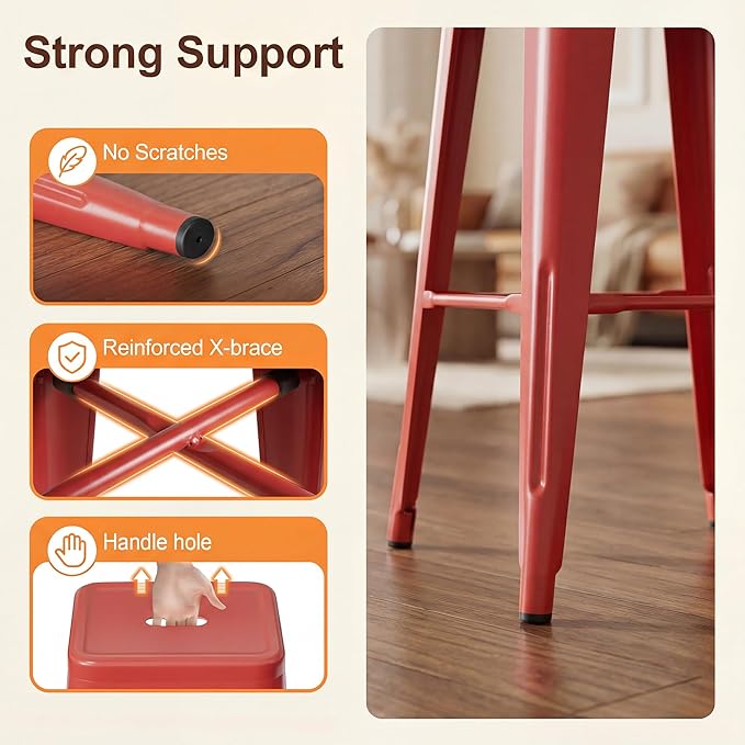 Shahoo 24 Inches Metal Bar Stools Counter Height Stackable Backless Stools, Industrial Patio Stools Indoor Outdoor Metal Kitchen Stools Set of 4 (Red, 24'')