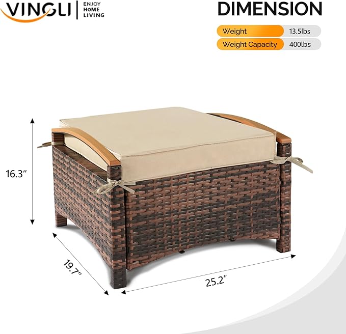 VINGLI Wicker Outdoor Ottoman Set of 2, All Weather PE Rattan Footstool for Patio w/Removable Cushions, Waterproof Rattan Foot Rest for Garden, Balcony, Poolside (Brown)