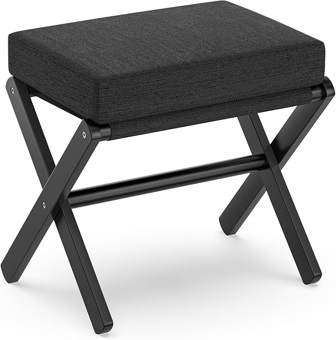 Foldable Foot Stool Ottoman, Small Padded Foot Rest with Bamboo X-Legs, Portable Folding Leg Rest for Living Room Bedroom Office, Soft Foam Cushion Step Stool for Couch & Armchair (Black)