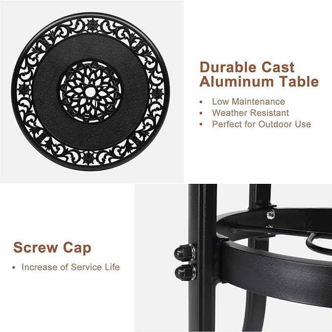 VINGLI Cast Aluminum Bar Height Patio Table with Umbrella Hole - Tall Outdoor Bistro Table, 32" Dia x 41" H (Black)