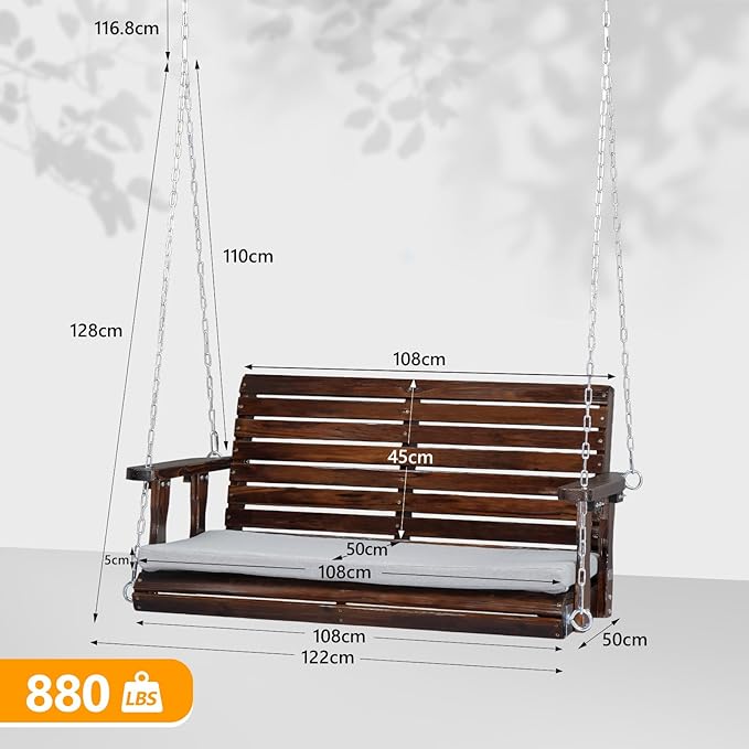 VINGLI Wooden Porch Swing, Heavy Duty 880 LBS Hanging Patio Bench with Extra Cushion for Lawn| Garden| Courtyard (Rustic, 4 feet)