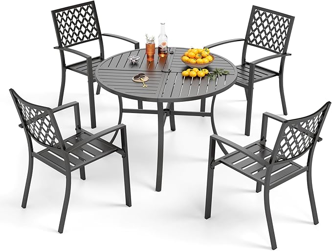 PHI VILLA 5 Pieces Outdoor Round Dining Set for 4, Metal Steel Circle Table with Umbrella Hole & Stacking Wrought Iron Chairs, Modern Furniture Set for Patio, Deck, Backyard, Porch