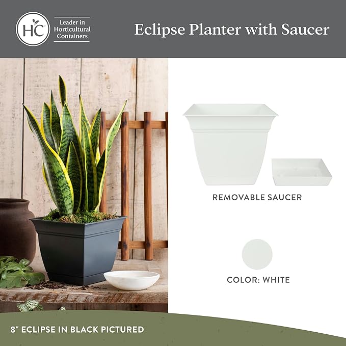 The HC Companies 12 Inch Eclipse Square Planter Pots with Drainage Holes & Attached Saucer, Lightweight UV-Resistant Plastic Indoor Outdoor Planters, 2-Pack Flower Pots for Garden & Home Decor, White