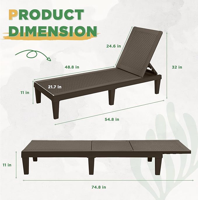 Greesum Outdoor Chaise Lounge Chairs Set of 2 with 5-Position Adjustable Backrest, Waterproof PP Sun Chaise Loungers for Garden Pool Beach Patio Deck Sunbathing, Brown