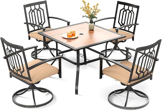 PHI VILLA 5 Pieces Outdoor Dining Set for 4, 37” Square Wrought Iron Table with Ploywood Tabletop & Swivel Metal Steel Chairs with Cushions, Outside Furniture Set for Patio, Porch, Deck, Backyard