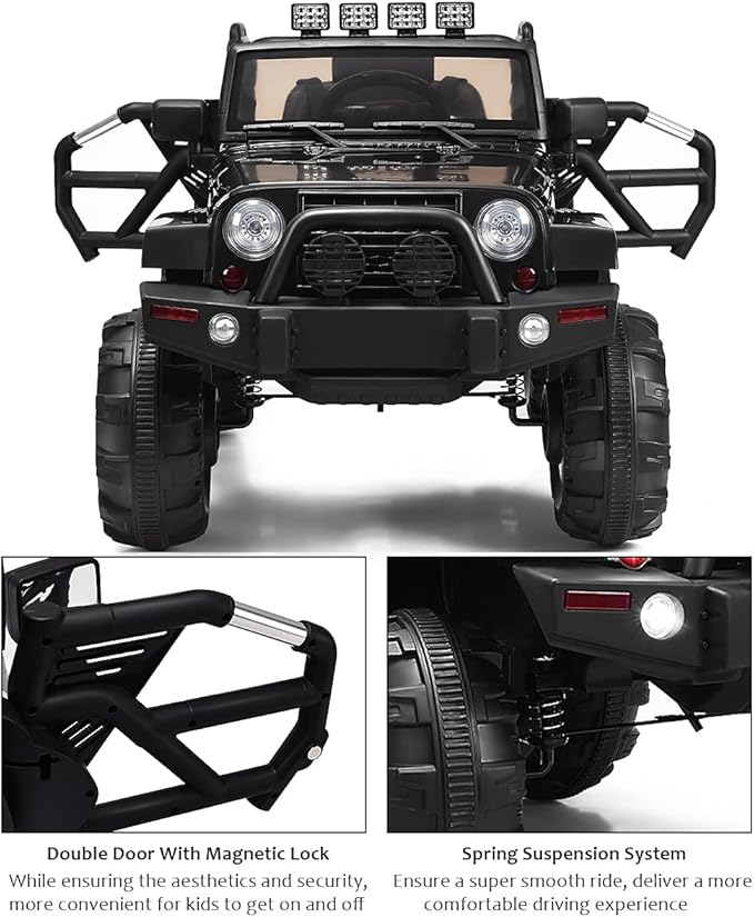 Costzon Ride On Car, 12V Battery Powered Electric Ride On Truck w/Parental Remote Control, LED Lights, Double Open Doors, Safety Belt, Music, MP3, Spring Suspension (Deluxe Black)