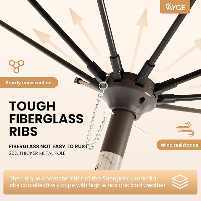 Ayge 9FT Large Outdoor Patio Umbrella Market Table Umbrella-UV Resistant, Easy Push Button Tilt and Crank, 8 Sturdy Fiberglass Ribs Heavy-Duty Pool Umbrella for Deck, Backyard,Garden,Grey