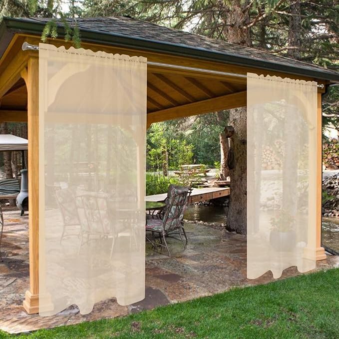 SpaceDresser Waterproof Outdoor Sheer Curtains for Patio - 4 Panels Rod Pocket Indoor Voile Sheer Curtain for Living Room,52W x 108L inch, Beige