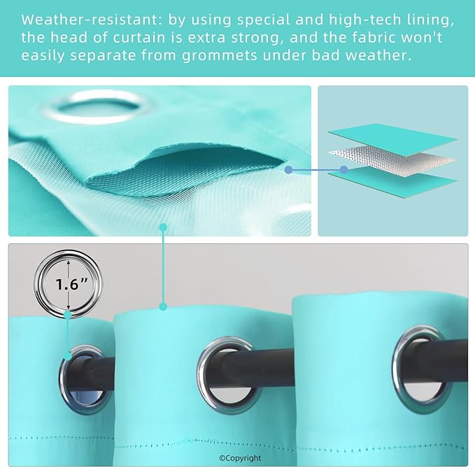 DIVA EN CAMINO DEC Outdoor Patio Curtain Waterproof Darkening Thermal Insulated Indoor Curtains for Bedroom, Porch, Living Room, Pergola, Cabana, W52 x L132, Teal Blue, Set of 2 Panels