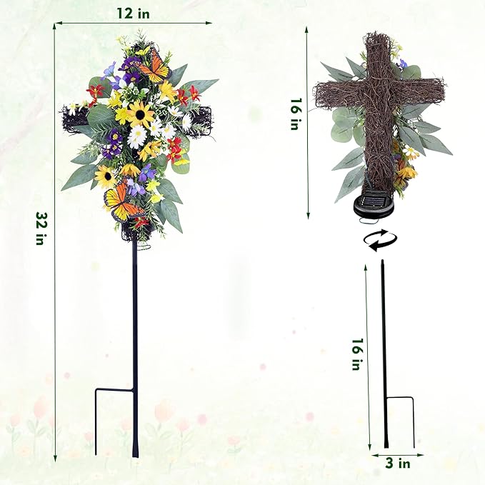 Solar Flower Cross Garden Stake Lights - Waterproof Grave Decorations for Cemetery, Memorial Cross with LED Lights, Sympathy Gift for Grandma, Outdoor Garden, Yard, Lawn Decor