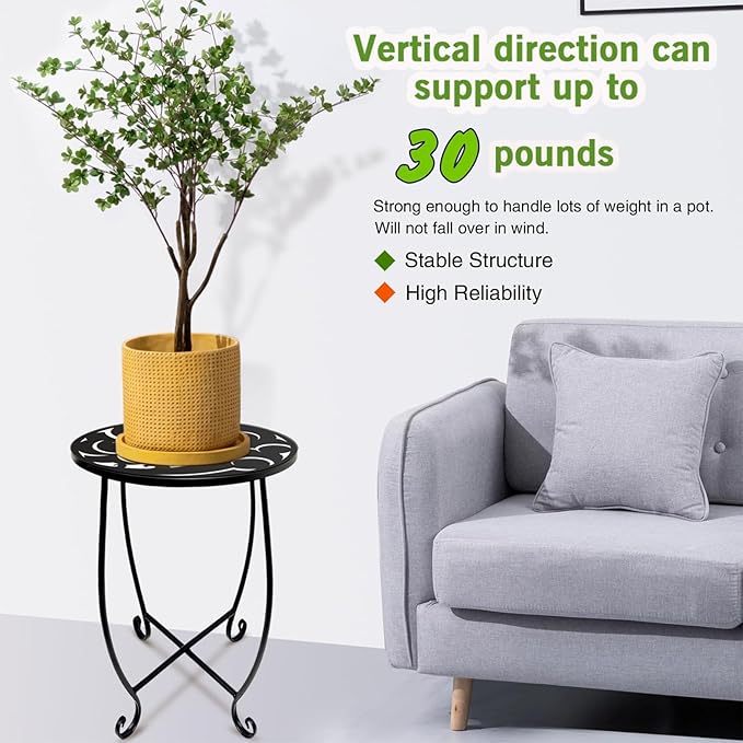 2 Pack 15 Inch Tall Plant Stands Outdoor Indoor, Metal Side Tables for Patio, Weather Resistant Flower Pot Racks with Swirl Pattern, Black End Table Set for Garden Balcony