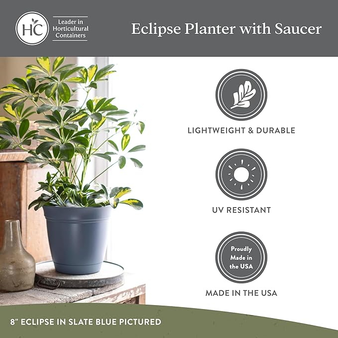The HC Companies 12 Inch Eclipse Round Planter Pots with Drainage Holes & Attached Saucer, Lightweight UV-Resistant Plastic Indoor & Outdoor Planters, 2-Pack Flower Pots, Garden Home Decor, Warm Gray