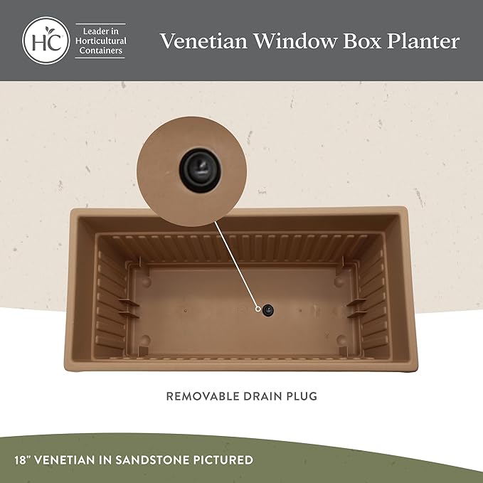 The HC Companies Venetian Window Planter Box w/Drain Plug - Long Planter Box for Windowsills, Balconies & More - Plastic Large Rectangular Planters for Herbs & Flowers (30" Sandstone, Pack of 1)