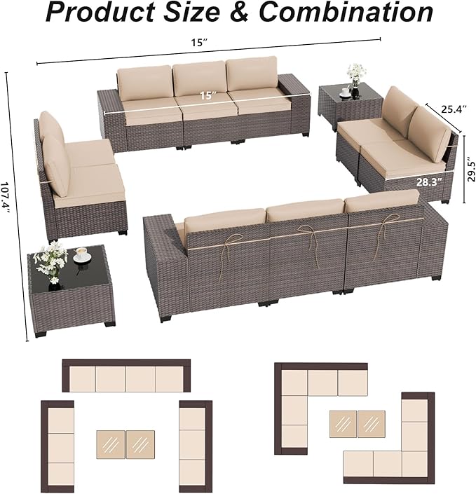 ALAULM 12 Pieces Outdoor Patio Furniture Set Sectional Sofa Sets Brown PE Rattan Patio Conversation Set w/10 Sand Seat Cushions and 2 Coffee Tables
