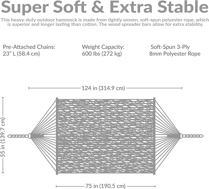 Sunnydaze Soft-Spun Polyester Rope Double Hammock for Outside - 600-Pound Weight Capacity Extra Large Hammock - Blue
