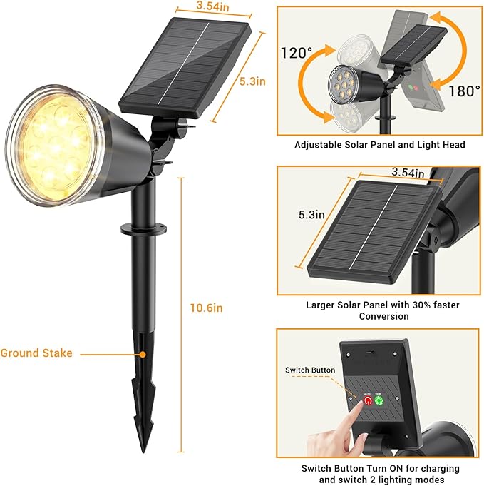 Solar Lights Outdoor Spot Light: 4 Pack 120°&180° Adjustable Bigger LED Solar Spot Lights Outdoor Waterproof - Landscape Lighting Spotlights for Garden, Yard, Pathway, Tree, Flag, Wall (Warm White)