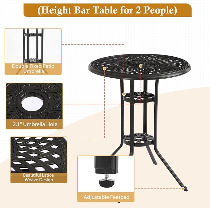 3-Piece Cast Aluminum Patio Bar Set, Outdoor Round High Top Table & 2 Swivel Bar Chairs with Cushions, All-Weather Bistro Table and Chairs Set for Patio, Lawn & Garden (1 Table +2 Swivel Chairs)