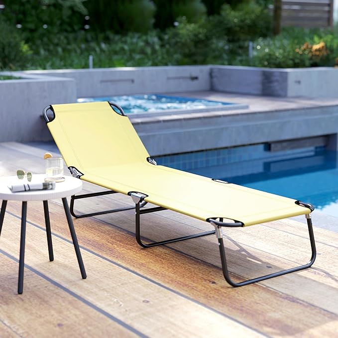 Outsunny Folding Chaise Lounge Pool Chairs, Outdoor Sun Tanning Chairs with 5-Level Reclining Back, Steel Frame for Beach, Yard, Patio, Beige