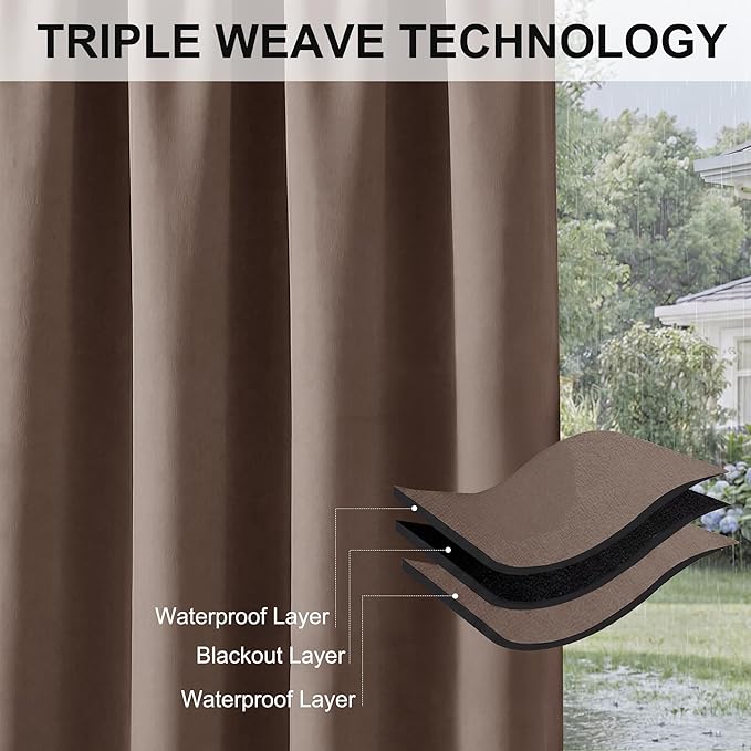 RYB HOME Outdoor Curtains for Patio Waterproof Block Sunlight Thermal Insulated Privacy Assured Thick Outside Curtains for Pergola, Deck, Gazebo, W52" x L120", Mocha, 1 Panel