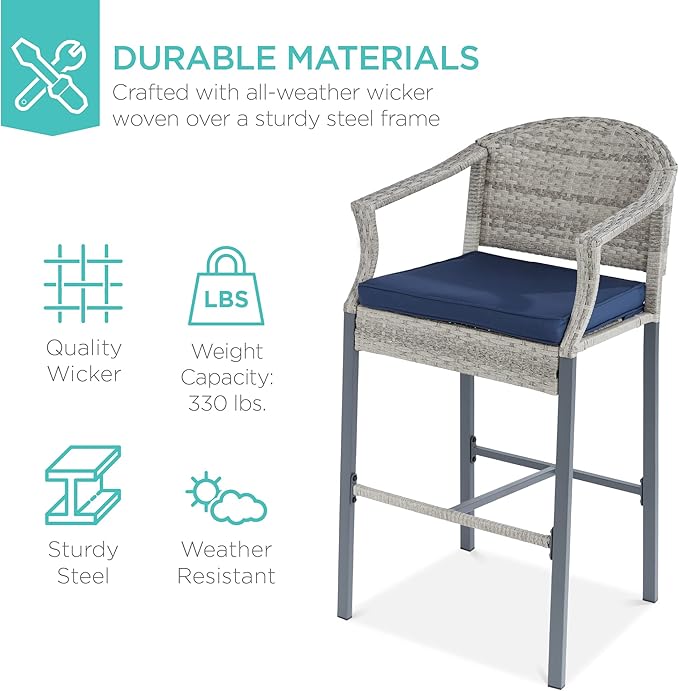 Best Choice Products 3-Piece Patio Bar Table Set, Outdoor Wicker Bar Height Bistro Furniture for Backyard, Poolside, Balcony w/Barstools, Cushions, Steel Frame – Gray/Blue