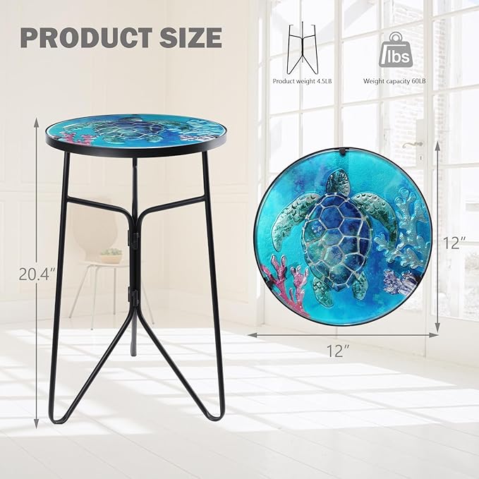 VCUTEKA Patio Side Table Outdoor Accent Table Bistro Coffee Table Plant End Table Small Porch Table Indoor Round Glass Balcony Plant Table Stands Sea Turtle 12''