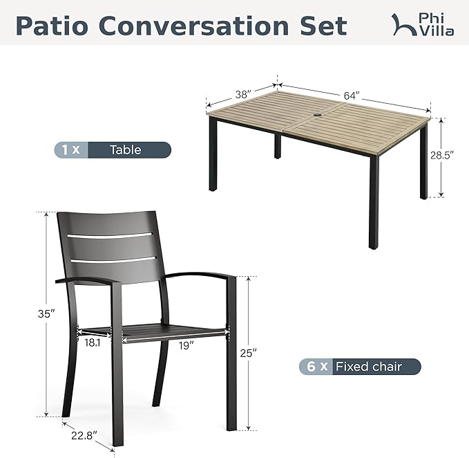 PHI VILLA 7 Pieces Outdoor Patio Dining Set for 6, 65”Rectangular Wood-Like Brown Metal Steel Table with Umbrella Hole & Stackable Wrought Iron Chairs, Outside Furniture Set for Deck, Porch, Backyard