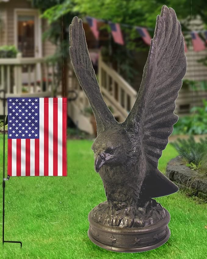 EMSCO Group Freedom Eagle Statue 32in Outdoor Garden Decor, Natural Bronze Finish, Weather-Resistant Resin