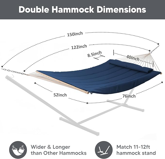 SUNCREAT Hammocks Outdoor Double Hammock with Hardwood Spreader Bar, Heavy Duty Cotton Rope Hammock with Polyester Pad, Dark Blue