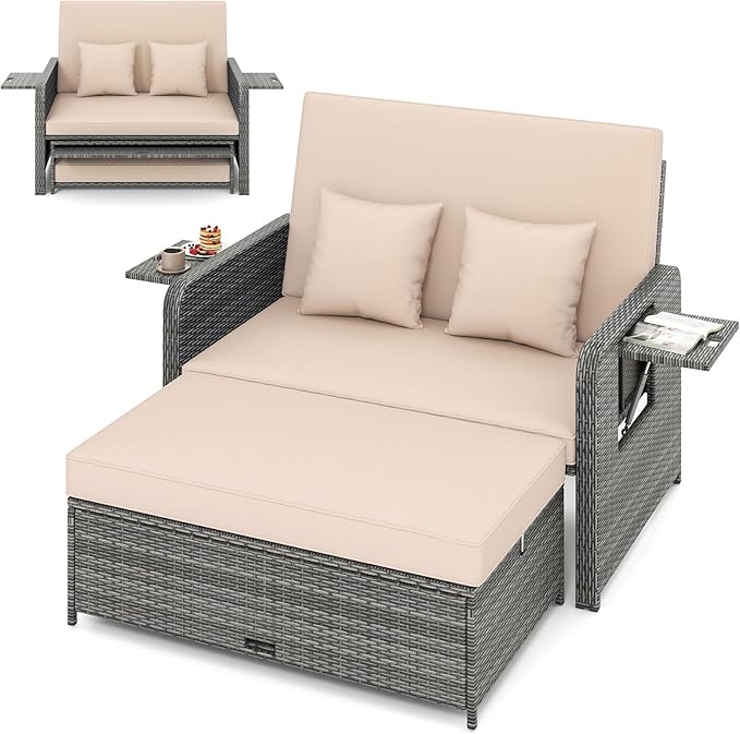 HAPPYGRILL Patio Rattan Wicker Daybed with Loveseat & Storage Ottoman, Outdoor Lounge Sofa Furniture Set with Adjustable Backrest & Side Trays, for Poolside Deck Porch Lawn (Mix Grey & Beige)