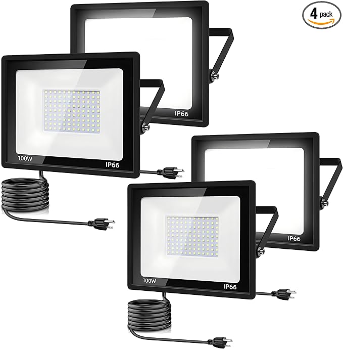 4Pack LED Flood Light Outdoor,100W LED Work Light 11000lm with 6FT US Plug,IP66 Waterproof Exterior Security Lights,6000K Daylight White Outside Floodlights Slim Design for Playground Yard