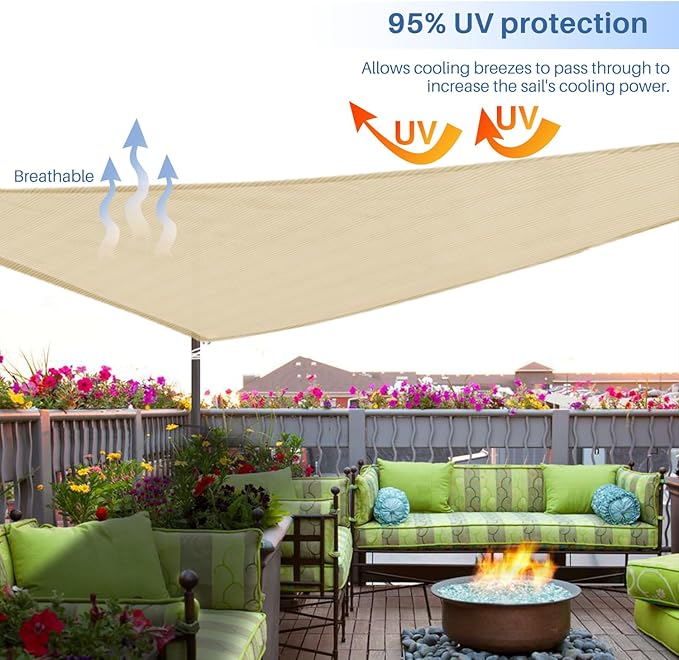 E&K Sunrise 23' x 23' x 23' Sun Shade Sail Triangle Canopy Shade Cover UV Block for Patio Backyard Garden Outdoor (Sand)